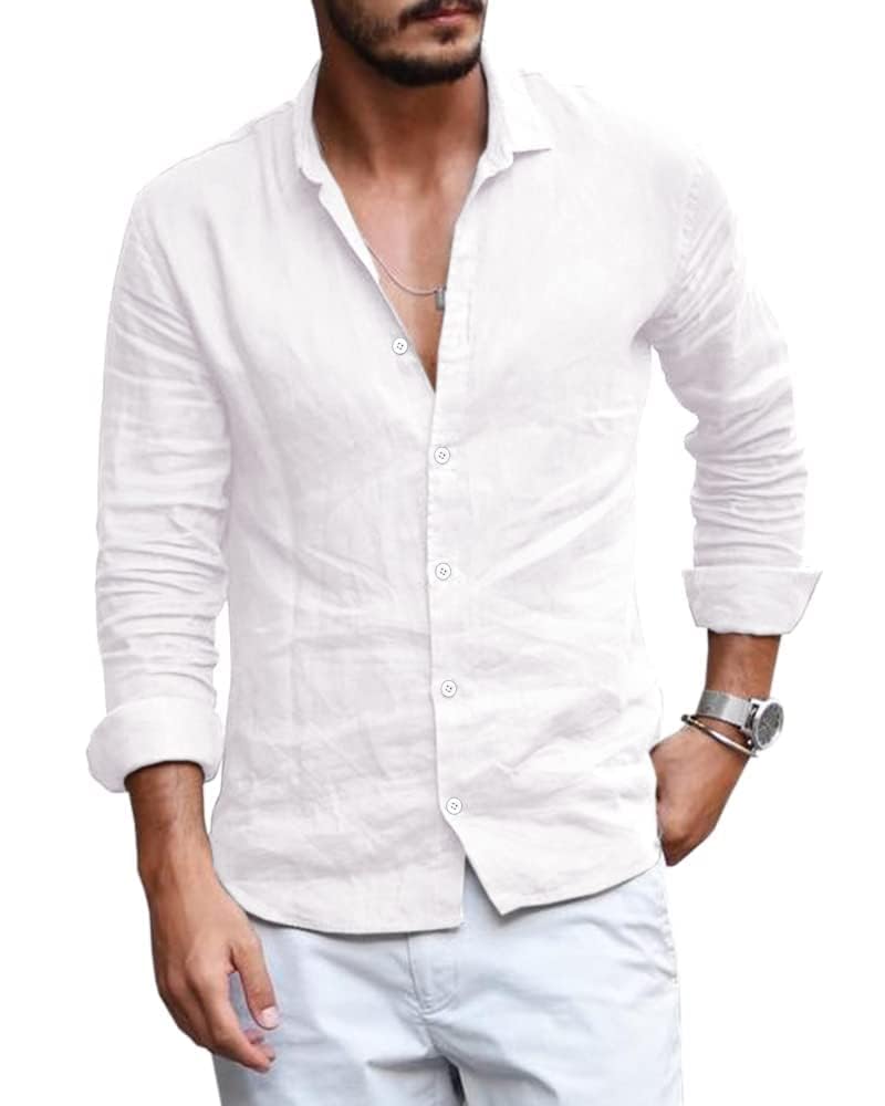 Runcati Mens Button Down Shirt Linen Cotton Shirts Casual Long Sleeve Spread Collar Lightweight Beach Plain Tops 01 White - Image 1